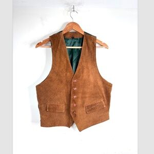 Vintage 70s Suede Vest Mens S Brown Button Front Western Lined Cowboy Retro Boho